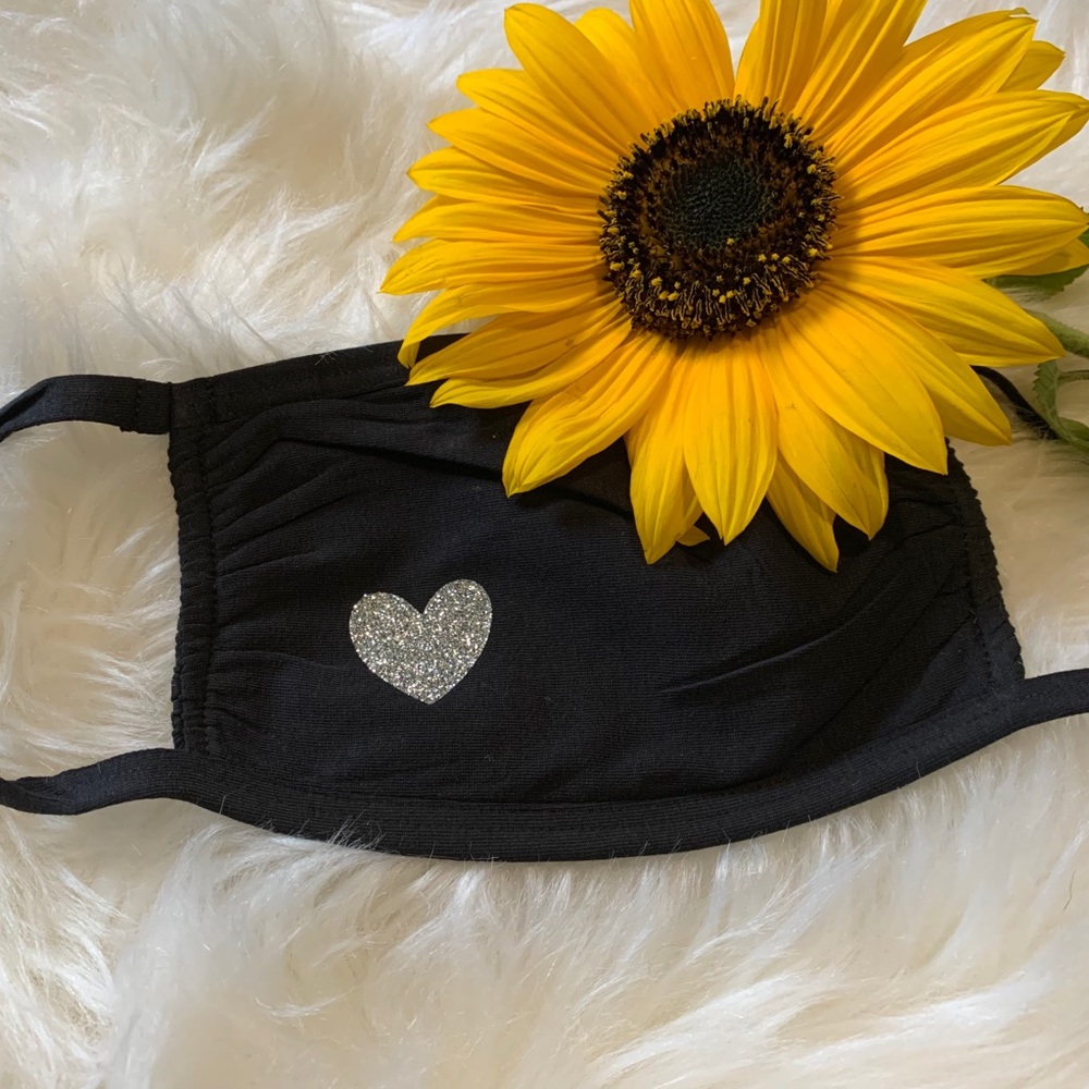 Set of TWO Black cotton masks glitter heart decal